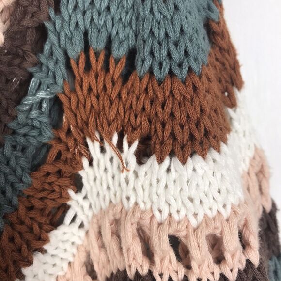 Evereve Open Knit Sweater Short Sleeve 100% Cotton Brown Blue White Stripe Large - Picture 3 of 8
